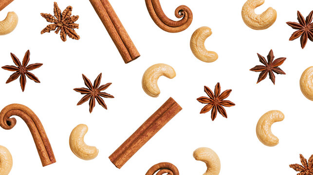 Cinnamon sticks and star anise scattered, cashew nuts isolated on transparent background