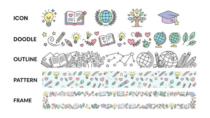 Obraz premium Educational Icons and Doodles: A collection of stylized icons, doodles, outlines, patterns, and frames symbolizing education, knowledge, and learning, featuring elements like lightbulbs, books.
