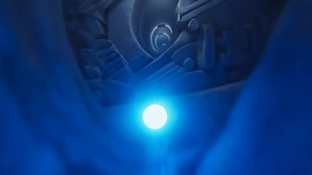 Camera races alongside a single glowing data pulse as it speeds through an underground fiber optic network tunnel. Data transmission speed