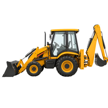 Yellow industrial backhoe loader construction vehicle isolated background.
