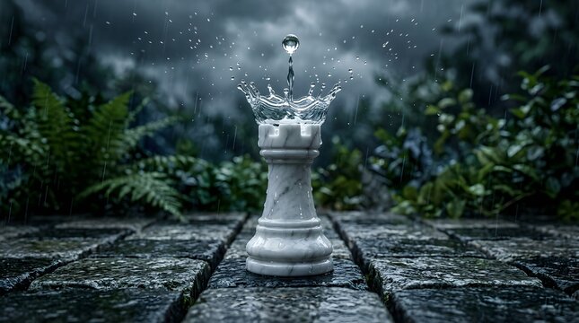 A white marble chess rook stands centered on a wet stone board, capturing a droplet splash crown effect under a dramatic, moody sky and lush foliage.