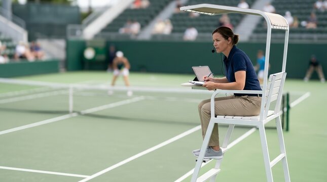 Female tennis umpire officiating a match from a high chair. Referee writing on a clipboard on an outdoor tennis court