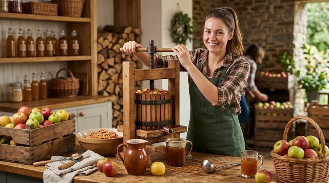 Smiling woman operating a traditional wooden apple cider press. Making fresh apple juice in a rustic farm kitchen. Autumn harvest culinary concept