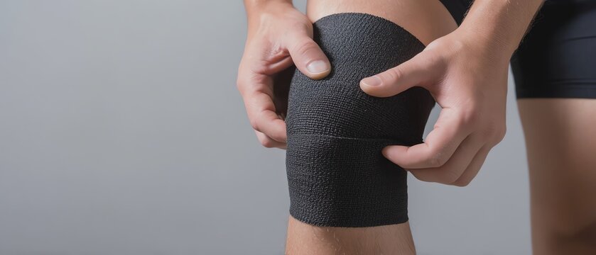 Individual applying knee support bandage.