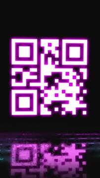 Neon qr code scanner and abstract shapes flickering against black background