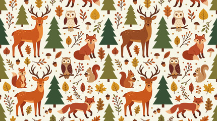 Fototapeta premium Flat vector woodland forest animals seamless pattern, deer, foxes, owls, squirrels and pine trees, cozy autumn aesthetic, clean minimal flat design style, earthy forest palette, balanced repeating com