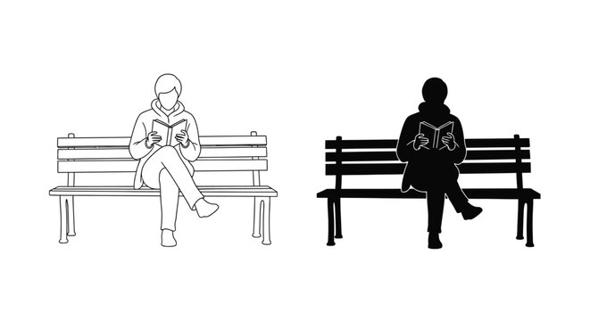 Minimalist vector illustration showing a person sitting on a wooden park bench reading an open book