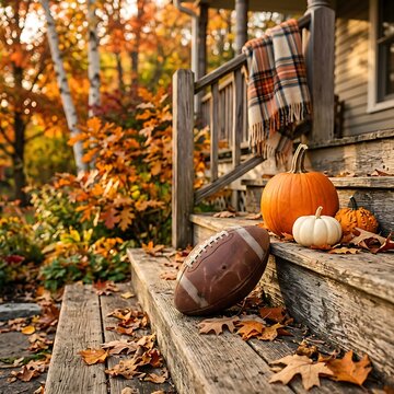 Autumn porch steps with football and pumpkins