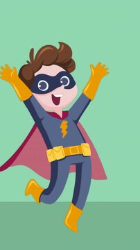 Animation of caucasian boy wearing superhero costume icon on green background