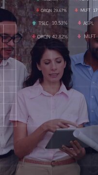 Animation of graphs and trading boards over diverse engineer explaining blueprint to coworkers