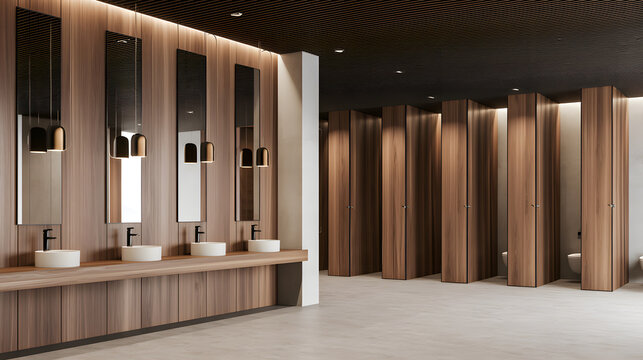 A 3D rendering depicting a modern commercial bathroom that includes vessel sink basins and wooden cubicles