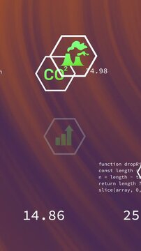 Animation of eco energy icons and numbers over orange pattern