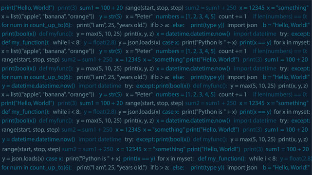 Software development and programming concept featuring Python source code text overlay on dark blue background