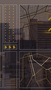 Animation of interface with data processing against aerial view of cityscape