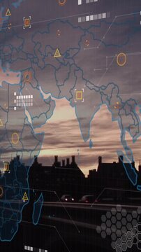 Animation of world map and data processing over london cityscape