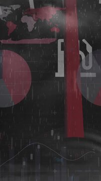 Animation of speedometer over infographic interface against rain and lightning in cloudy sky