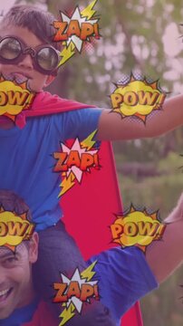 Animation of superhero man with boy and pow icons over nature background