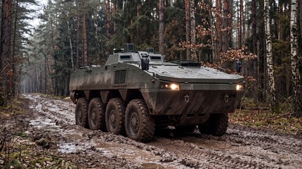 Obraz premium Armored eight-wheel military vehicle driving along a muddy off-road forest trail during tactical maneuvers.