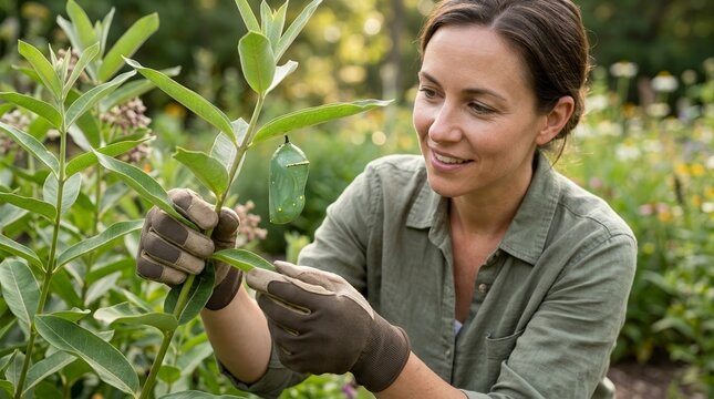 Woman observing a Monarch butterfly chrysalis on a milkweed plant. Female gardener looking at a green cocoon in a garden. Nature conservation and biology concept
