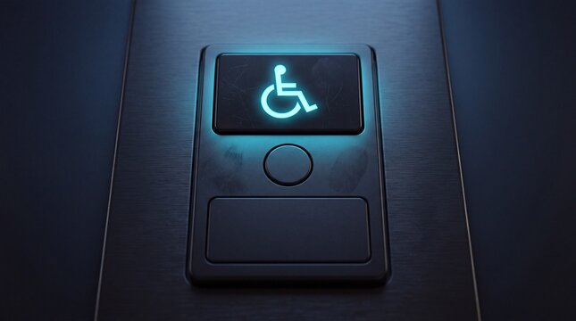 Illuminated wheelchair accessibility button on an elevator control panel providing inclusive public access.