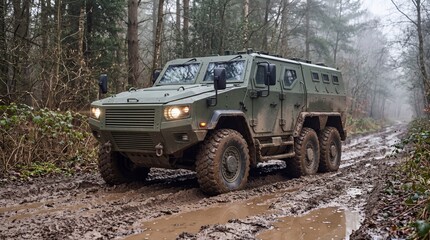 Obraz premium Armored military six-wheel combat vehicle driving through deep mud on an off-road forest trail.