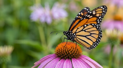 Obraz premium Close up of a monarch butterfly on a purple coneflower. Macro shot of insect on echinacea flower in a garden. Nature and wildlife background