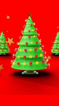 Animation of stars falling over spinning christmas tree icons against red background with copy space