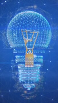 Animation of light spots and network of connections over spinning bulb icon against blue background