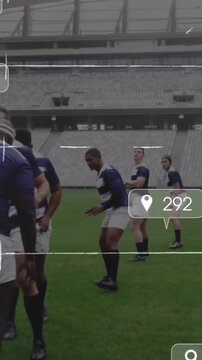 Animation of notification bars, strategy on slate over diverse rugby player playing match