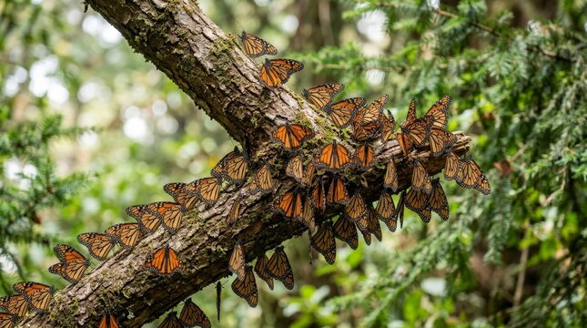 Monarch butterflies resting on a mossy tree branch in the forest. Swarm of insects clustered on bark during migration. Wildlife sanctuary scene