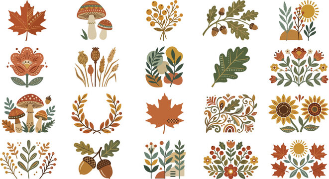 Set of decorative autumn elements featuring colorful fall leaves mushrooms floral arrangements and botanical illustrations in a folk art style