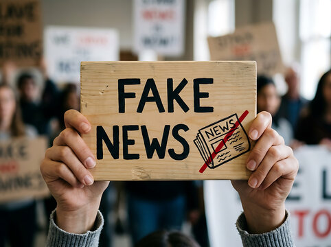 Person holding a fake news protest sign