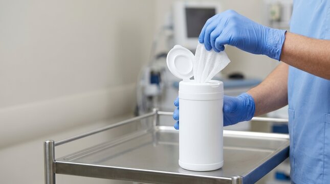 Healthcare worker in blue gloves pulling an antiseptic wipe from a container. Medical professional sanitizing equipment on a stainless steel cart in a clinic