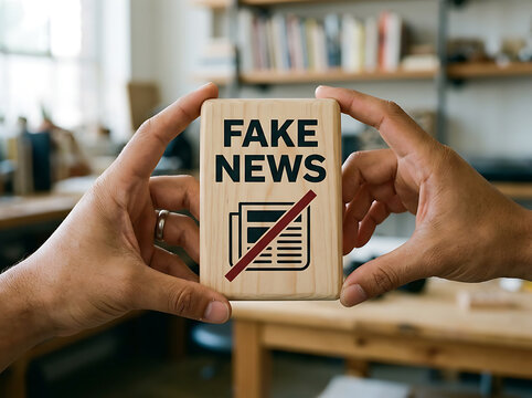 Hands holding wooden block fake news sign