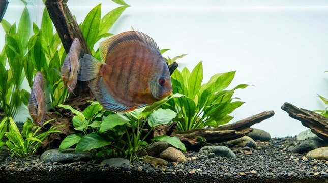 Colorful Discus fish swimming in planted freshwater aquarium. Tropical cichlid in tank with green aquatic plants and driftwood. Aquascaping hobby concept