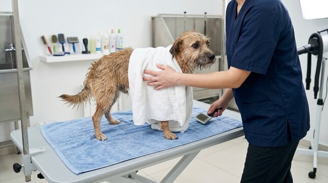 Wet scruffy dog being dried with white towel by groomer. Professional pet care and hygiene in grooming salon