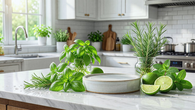Fresh herb kitchen product scene with green leaves lime and bright natural sunlight