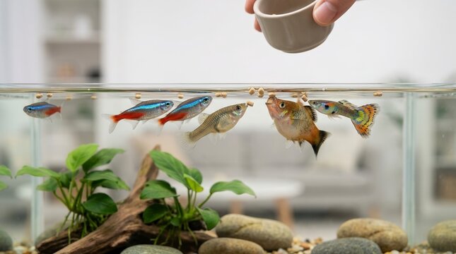 Hand feeding colorful freshwater fish with floating pellets in aquarium. Neon tetras and guppies eating in home fish tank