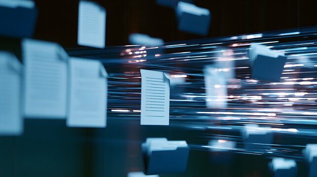 Paper documents being converted into network data streams and shared folders as part of the digital file transfer concept