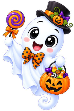Cute Halloween Ghost with Lollipop and Pumpkin Candy Bucket