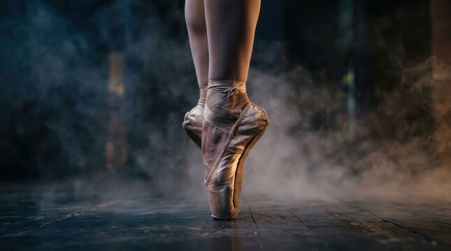 Ballet Dancers Feet on Pointe in Dramatic Lighting with Smoke.
