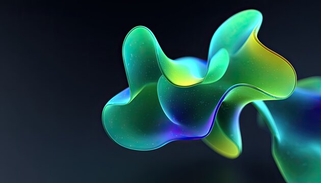 Abstract, vibrant, fluid, translucent forms in teal, lime, and gold hues