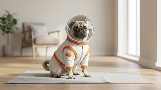 Pug dog wearing a white and orange astronaut suit and clear space helmet. Funny pet in a spaceman costume sitting on a mat indoors