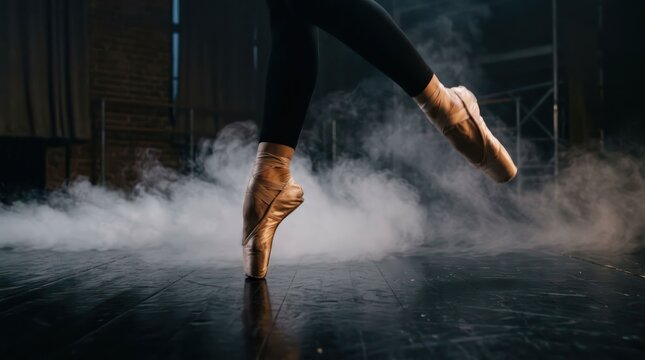 Ballet Dancers Pointe Shoes in Dramatic Stage Lighting with Smoke.
