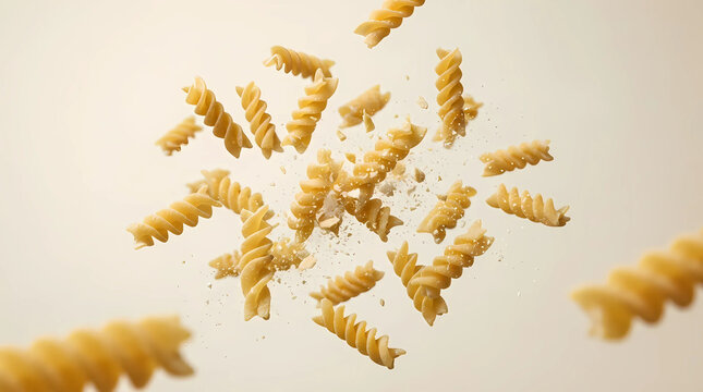 Flying fusilli pasta pieces with crumbs against beige background