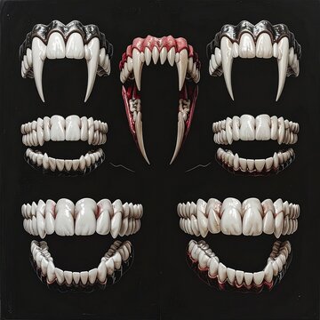 A collection of prosthetic vampire fangs and human teeth sets displayed on a dark background for Halloween costumes and horror film makeup effects.