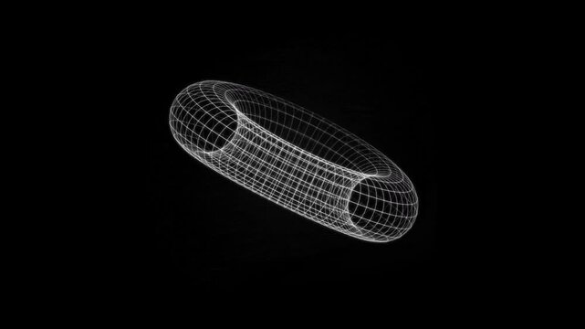 3d wireframe torus shape isolated on black background, digital geometric abstract structure, futuristic technology concept