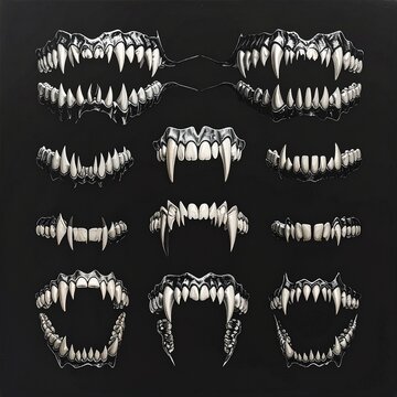 Collection of detailed monster mouth sets with sharp fangs and aggressive teeth designs isolated on a solid black background for horror art.