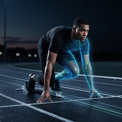 Fototapeta premium Confident focused athlete at starting line ready to run, physical body transitioning into a digital twin glowing mesh virtual model, high-tech minimalist sports concept
