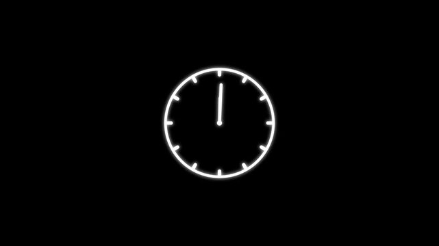white Clock spinning, watch animation on black background with alpha channel. Clock icon flat style 24 hours day fast speed with moving timer clock rotation. 4K video animation